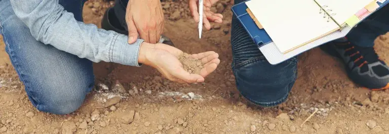 Farmer checking soil in hands while other takes notes © Adobe Stock
